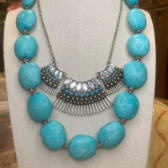 Jewelry - Boho Necklace Bundle of Chunky Turquoise Magnesite & Silver-Tone Statement Bib